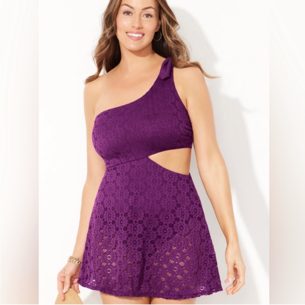 Swimsuits For All Purple Coverup with One-Shoulder Design and Flared Skirt
